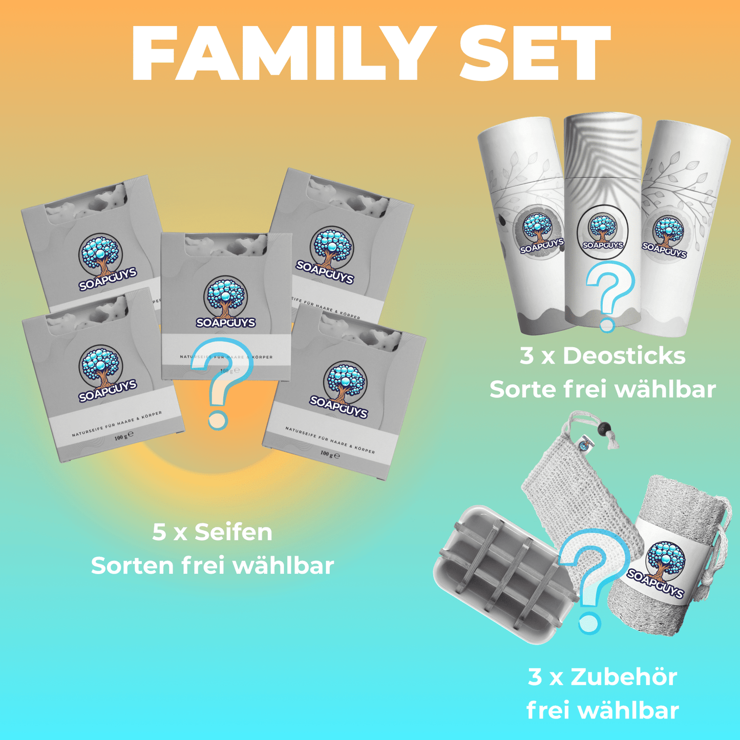 SoapGuys Family Set mit 5 Naturseifen, 3 Deorollern und Zubehör für die ganze Familie