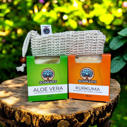 Aloe Vera Naturseife und Kurkuma Naturseife mit einem Seifensäckchen aus Sisal