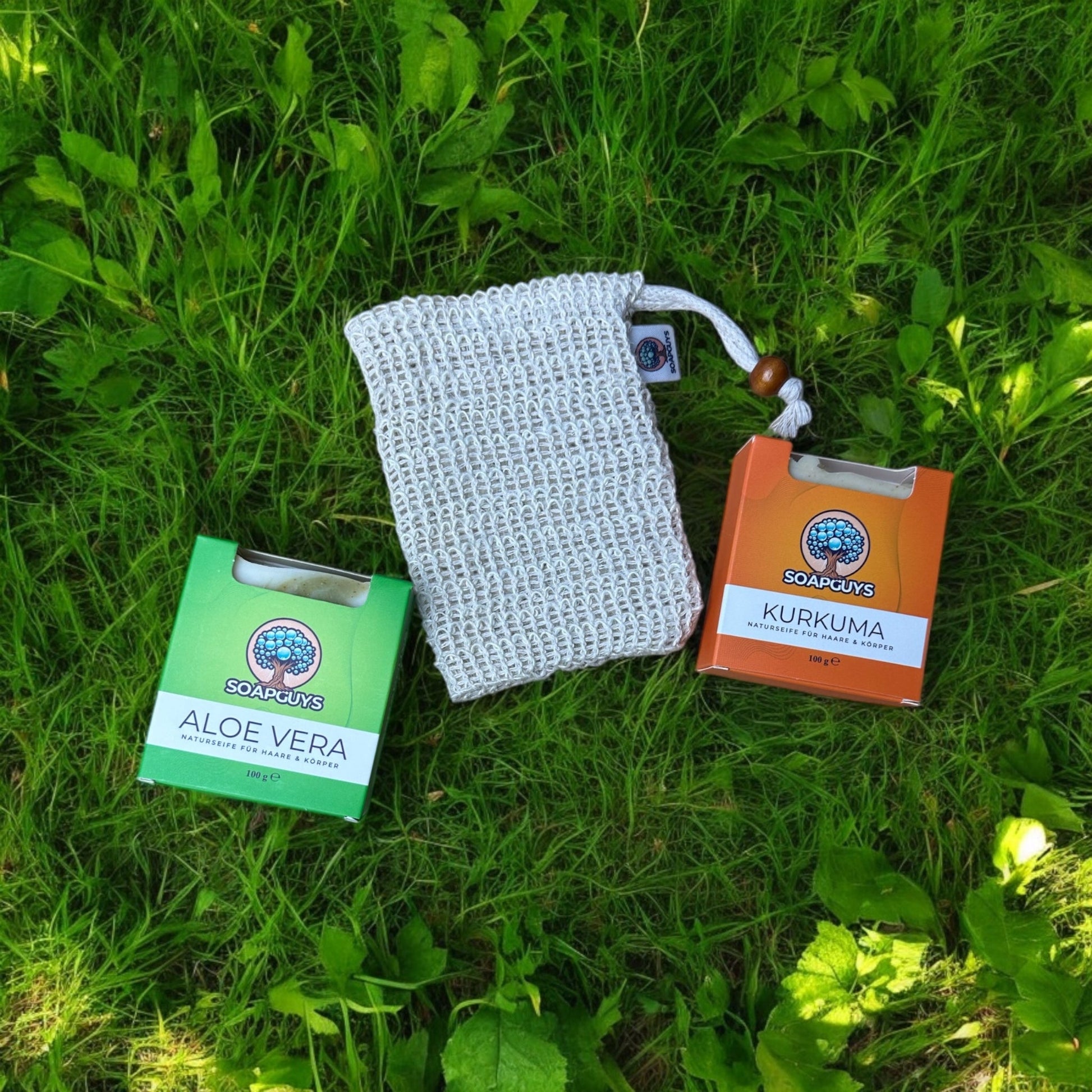Aloe Vera Naturseife und Kurkuma Naturseife mit einem Seifensäckchen aus Sisal
