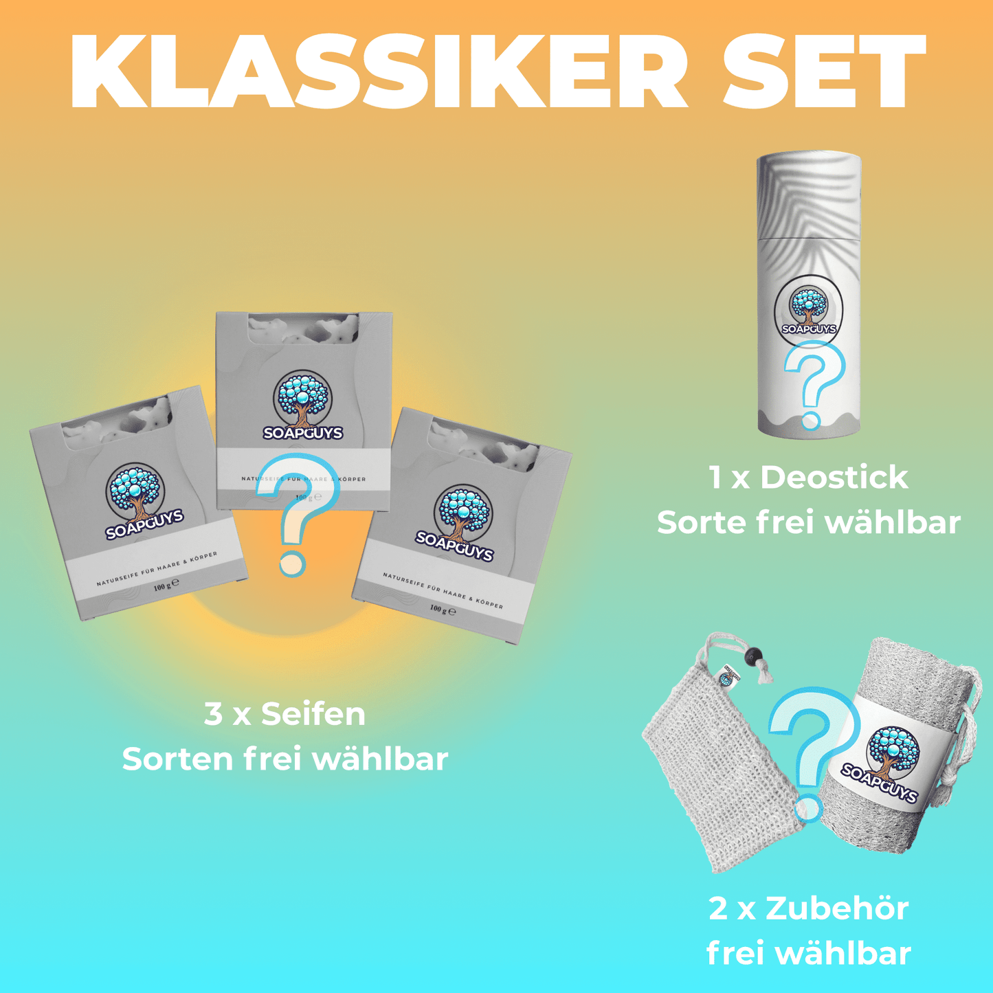 SoapGuys Klassiker Set mit 3 Naturseifen, Deoroller und Zubehör als Geschenkset